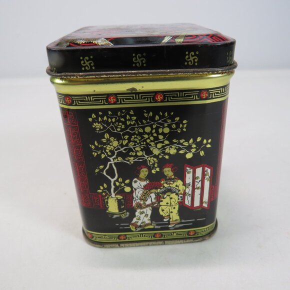 Asian Small 3" metal tin Red Black Gold Oriental design chinoiserie - Picture 6 of 14